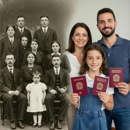 Família italiana antiga e família moderna com passaportes italianos