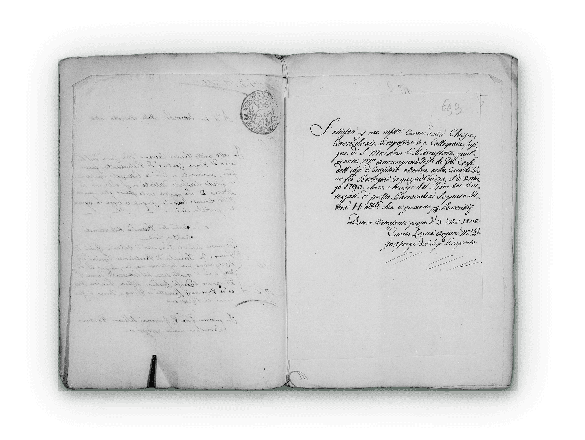 Registro de batismo de 1709 em livro paroquial italiano, San Pellegrinetto